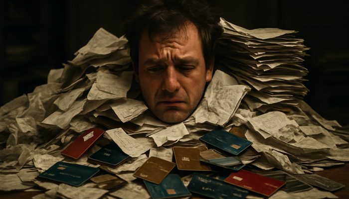 Stressed person buried under vintage credit cards, receipts, and paperwork in cluttered room.