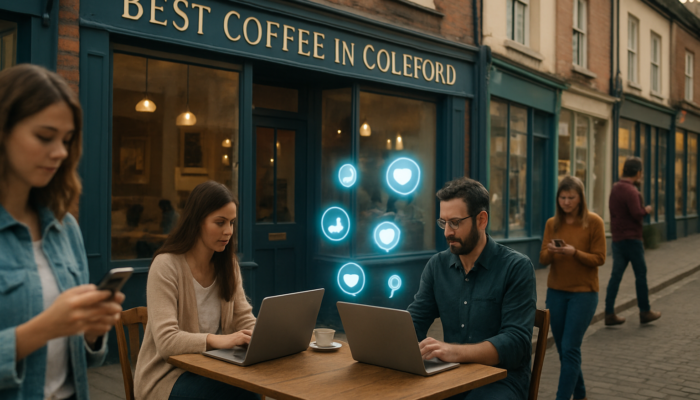 Bustling Coleford street scene: quaint café with "Best Coffee" sign, owners optimising SEO on laptops, glowing social media icons.