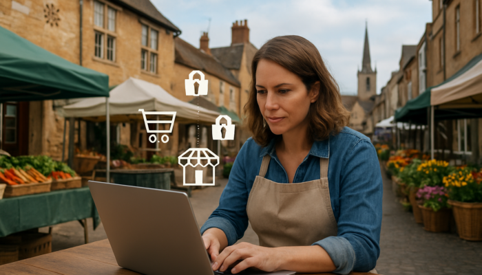 Small business owner in Newent configuring the WooCommerce dashboard on a laptop surrounded by market stalls and e-commerce icons.
