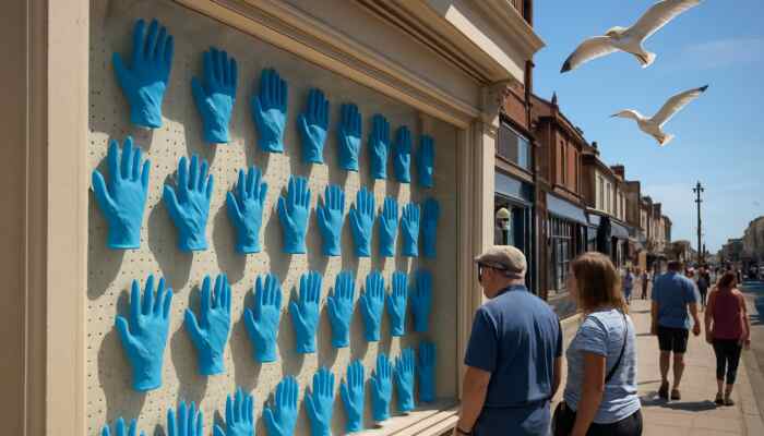 Showcase of blue latex gloves in a bright Lytham St Annes shop window, lit by sunlight and surrounded by soaring seagulls.