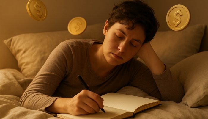 Weary person resting in bed writing gentle debt repayment plan in journal with warm golden light