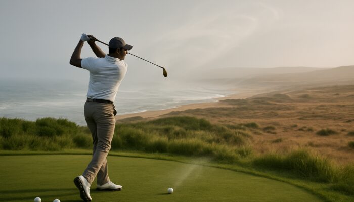 South African golfer selects low-compression balls on a misty Durban coast, contrasting with the Karoo plains and a soaring ball in the wind