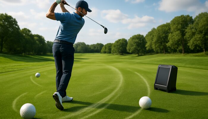 Focused golfer mid-swing on a lush course with a launch monitor displaying swing speed and rolling golf balls
