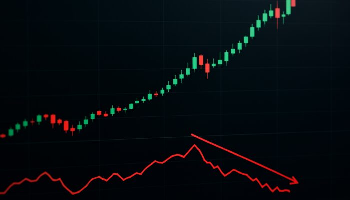 Trading chart showcasing rising candlesticks at new highs, diverging downward Chaikin Money Flow, and red trendlines indicating reversal.