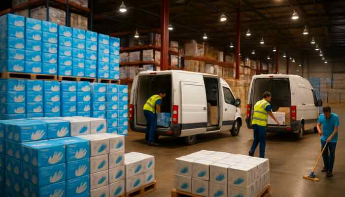 Hucknall warehouse filled with stacked boxes of bulk vinyl gloves as delivery vans load supplies under bright lights.