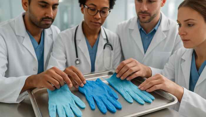 Diverse medical professionals examining vibrant sterile nitrile, latex, and vinyl gloves on a tray