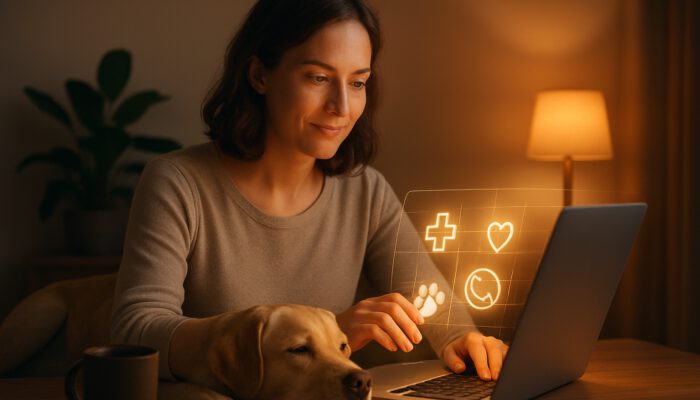 Pet owner organising glowing vet contact database on laptop with relaxed dog nearby