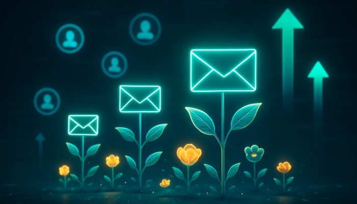 Digital artwork depicting glowing email envelopes blossoming into flowers with customer icons and growth arrows in a cybernetic workspace.