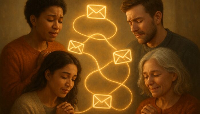 Diverse individuals interconnected by glowing email threads sharing heartfelt stories that evoke community and brand bonds.