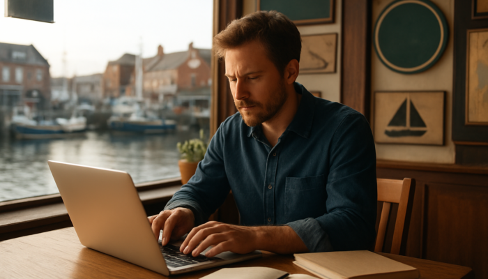 Writer typing expert blog content for Gloucester small businesses in sunlit harbour cafe