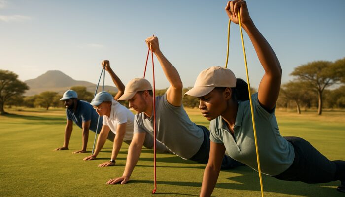 Diverse group of golfers performing planks and resistance band exercises on a sunlit South African savanna golf course.