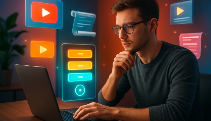 Young creator examines glowing pricing tiers and YouTube thumbnails on laptop in a vibrant studio