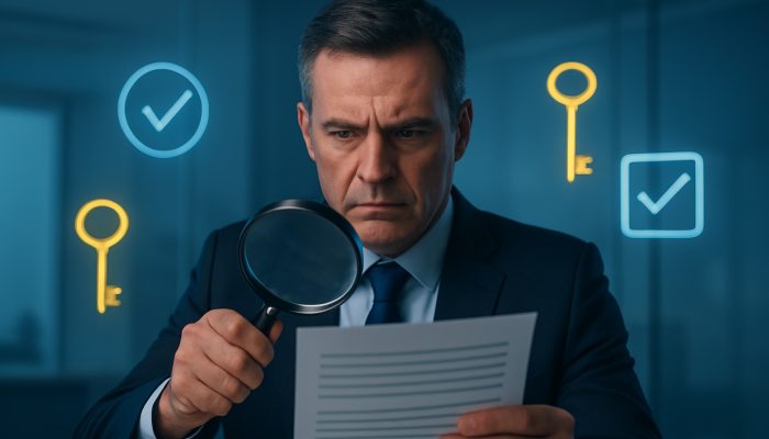 Lender carefully examining an immaculate credit report under a magnifying glass with cleared debt icons in a contemporary office.