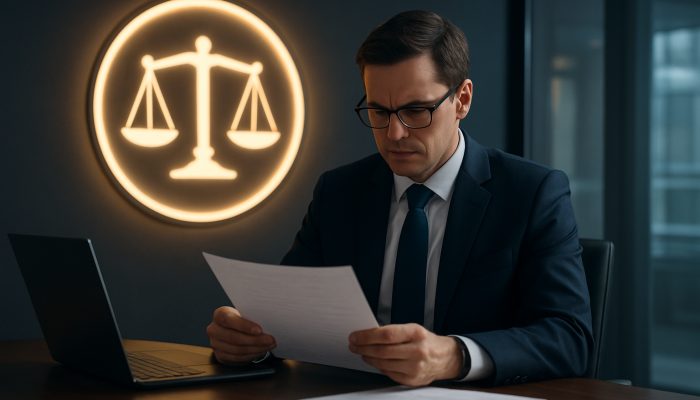 Compliance officer thoroughly reviewing loan documents under FCA emblem with scales of justice in UK office