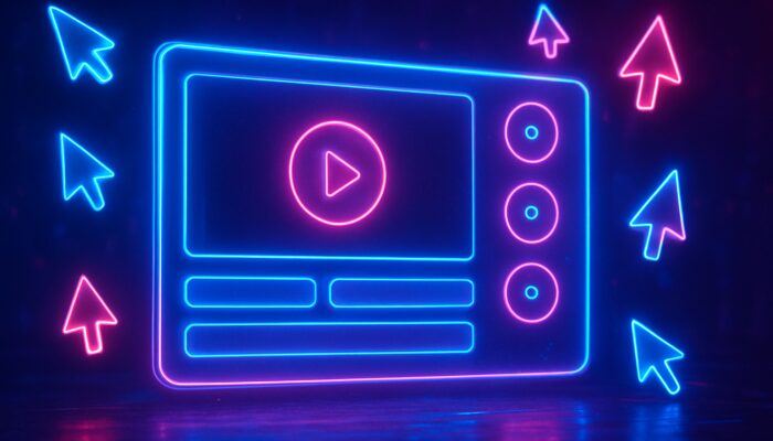 Neon cyberpunk interactive video screen displaying clickable choice buttons, hotspots, and floating cursors.