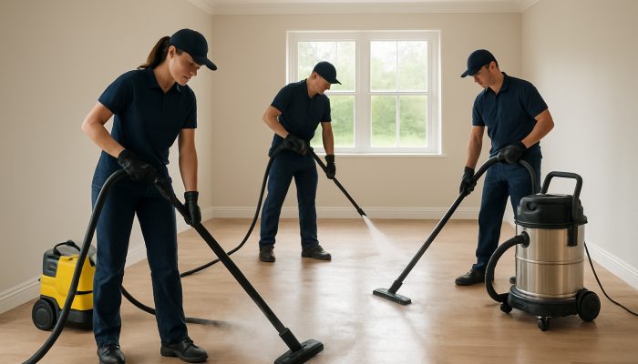 Professional cleaners using steam cleaners and vacuum systems during end of tenancy cleaning in a Nether Compton property