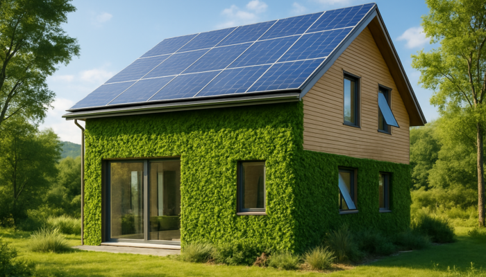 Contemporary eco-friendly house featuring solar panels, green walls, and smart windows in a tranquil setting.