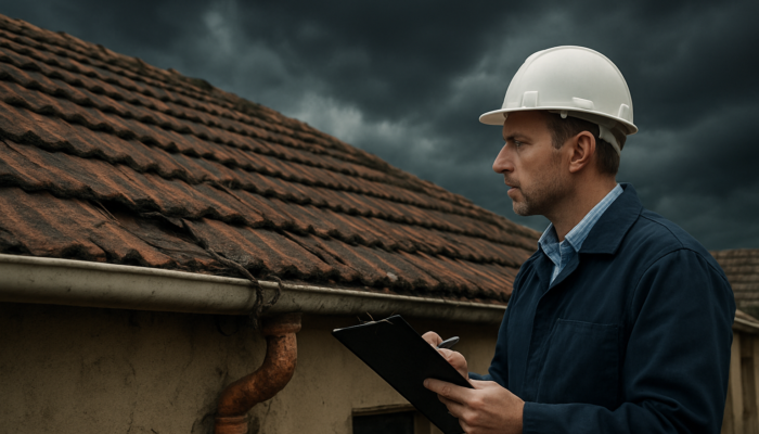 Qualified inspector assessing a cracked roof and exposed wiring on an older South African home in Springs under a stormy sky.