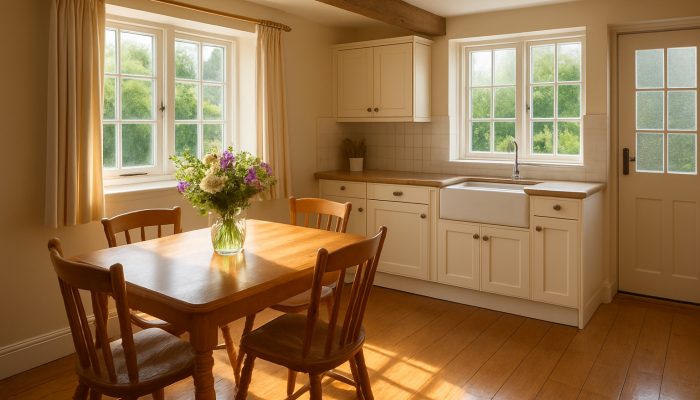 Spotless Yeovil cottage kitchen after professional cleaning with fresh flowers on the table
