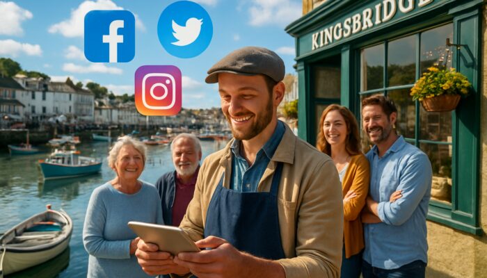 Shopkeeper posts on tablet amid floating social icons in sunny Kingsbridge harbour with locals.