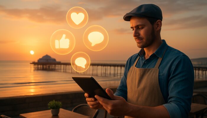 Café owner examines impressive social media metrics on a tablet above Weston-super-Mare pier at sunset