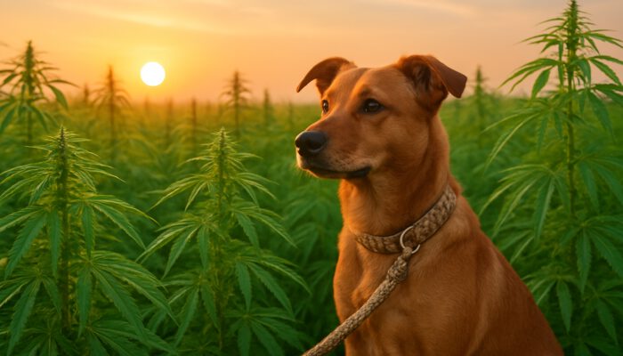 Dog on a hemp leash in a vibrant sunrise hemp field, showcasing sustainable pet products