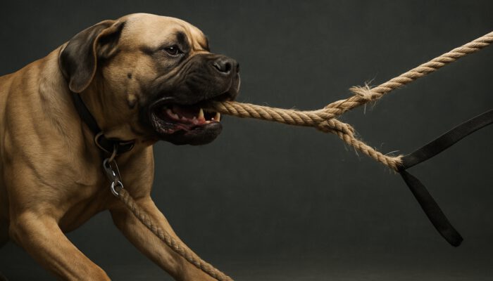 Large dog pulling an unbreakable hemp leash next to a snapping nylon leash during a tension test