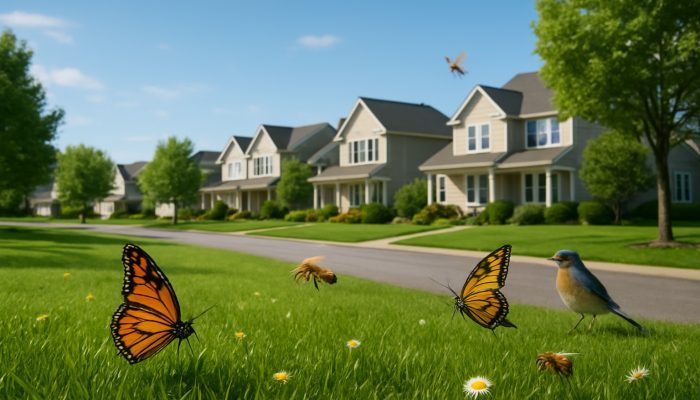 A scenic Ilchester neighbourhood featuring vibrant lawns, butterflies, bees, and songbirds under clear skies.