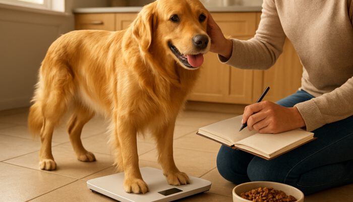 Owner weighs lively golden retriever on a scale while examining coat in a sunlit kitchen