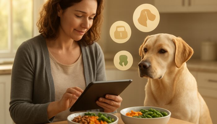 Owner reviews Labrador health data on a tablet next to bespoke nutrition bowls in the kitchen
