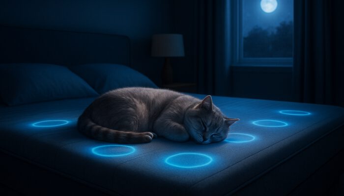 Calm pet sleeping on a modern smart bed with glowing sensors in a softly lit bedroom
