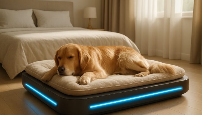 Golden retriever lounging on a modern temperature-regulating pet bed with cooling panels in a stylish bedroom