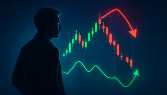 Trader viewing holographic candlestick chart with red MFI overbought above 80 and green oversold below 20