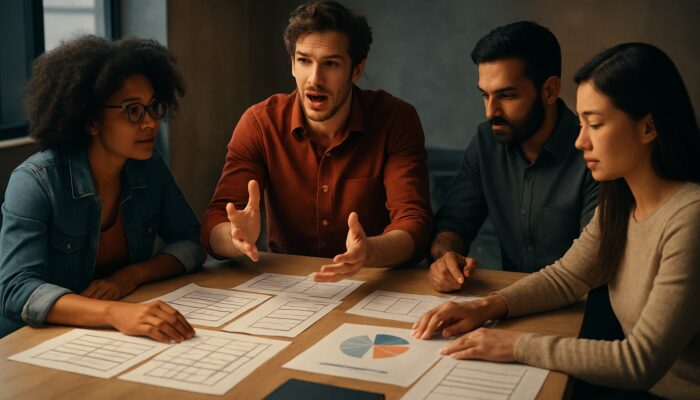 A diverse creative team strategising a brand video using storyboards and budget charts in cinematic lighting
