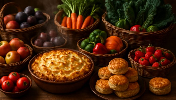 Celebrating Milestones Safely and Economically: UK Tips | DCL Rustic table featuring steaming shepherd’s pie, golden scones, and baskets of British seasonal fruits and vegetables.