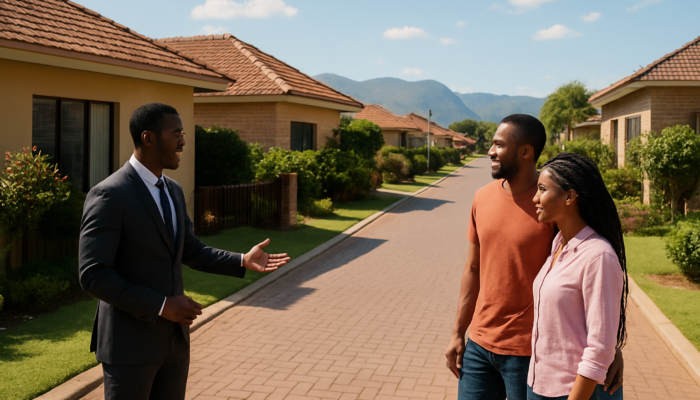 Couple viewing modern homes on bustling Thohoyandou street with real estate agent under a sunny sky.