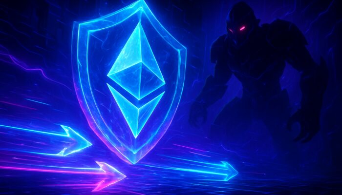 Futuristic arena with luminous Ethereum transactions shielded by crystalline armour from shadowy MEV bots in vibrant neon hues.