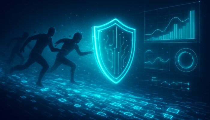 Digital shield obstructing MEV front-runners from blockchain transactions with holographic resilience metrics in vivid neon void