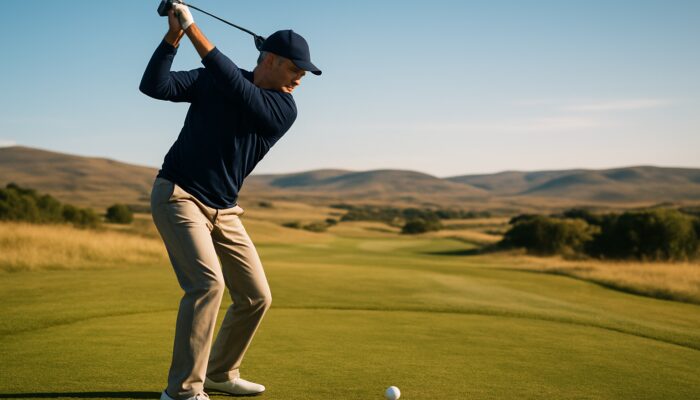 Focused golfer executes a slow pitching wedge swing on a sunlit Bloemfontein fairway with rolling hills.