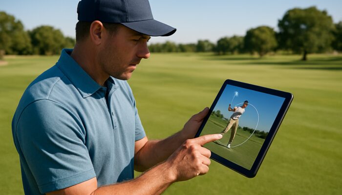 Gauteng golf coach analysing slow-motion swing on tablet at a sunlit inland fairway