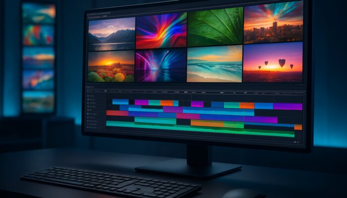 Futuristic video editing interface with vibrant stock images flowing into a sleek professional timeline.