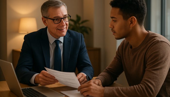 Combining Debts When You Work Gig Jobs: Practical Advice | DCL UK financial advisor assisting gig worker with debt consolidation documents in a contemporary office