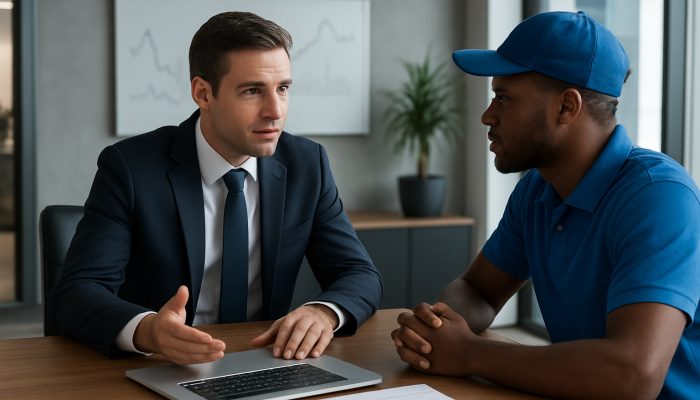 Combining Debts When You Work Gig Jobs: Practical Advice | DCL British financial advisor discussing gig earnings charts with delivery driver in a modern office for debt consolidation advice