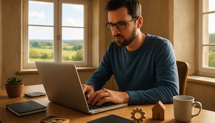Writer composing blog posts on laptop in sunlit Patchway cottage with Gloucestershire countryside views and small business icons