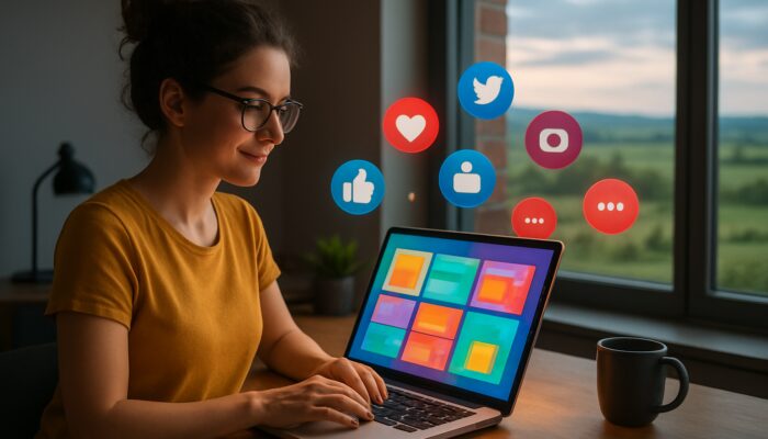 Patchway entrepreneur creates vibrant WordPress blog on laptop with floating social media icons overlooking UK countryside