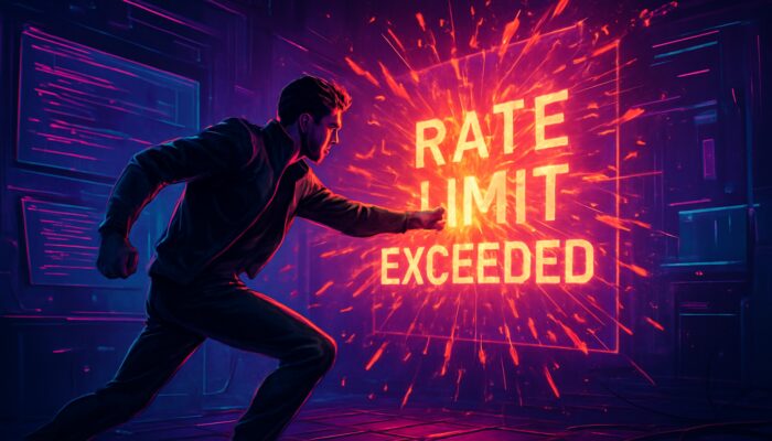 Developer overcoming rate limit exceeded barrier with code fixes in neon cyberpunk workspace
