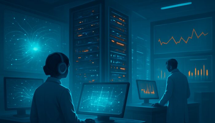 Engineers monitor glowing servers under a simulated traffic storm with performance graphs in a futuristic lab.